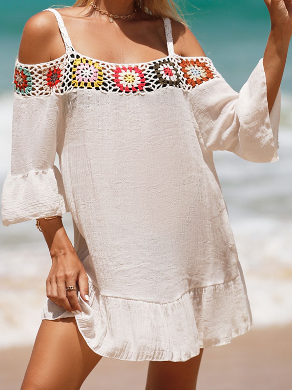 Crochet Cold Shoulder Three-Quarter Sleeve Cover Up Crochet Cold Shoulder Three-Quarter Sleeve Cover Up